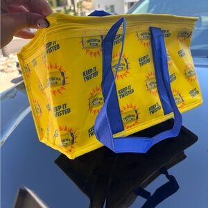 Yellow Twisted Tea Insulated Cooler Bag with Blue Handles